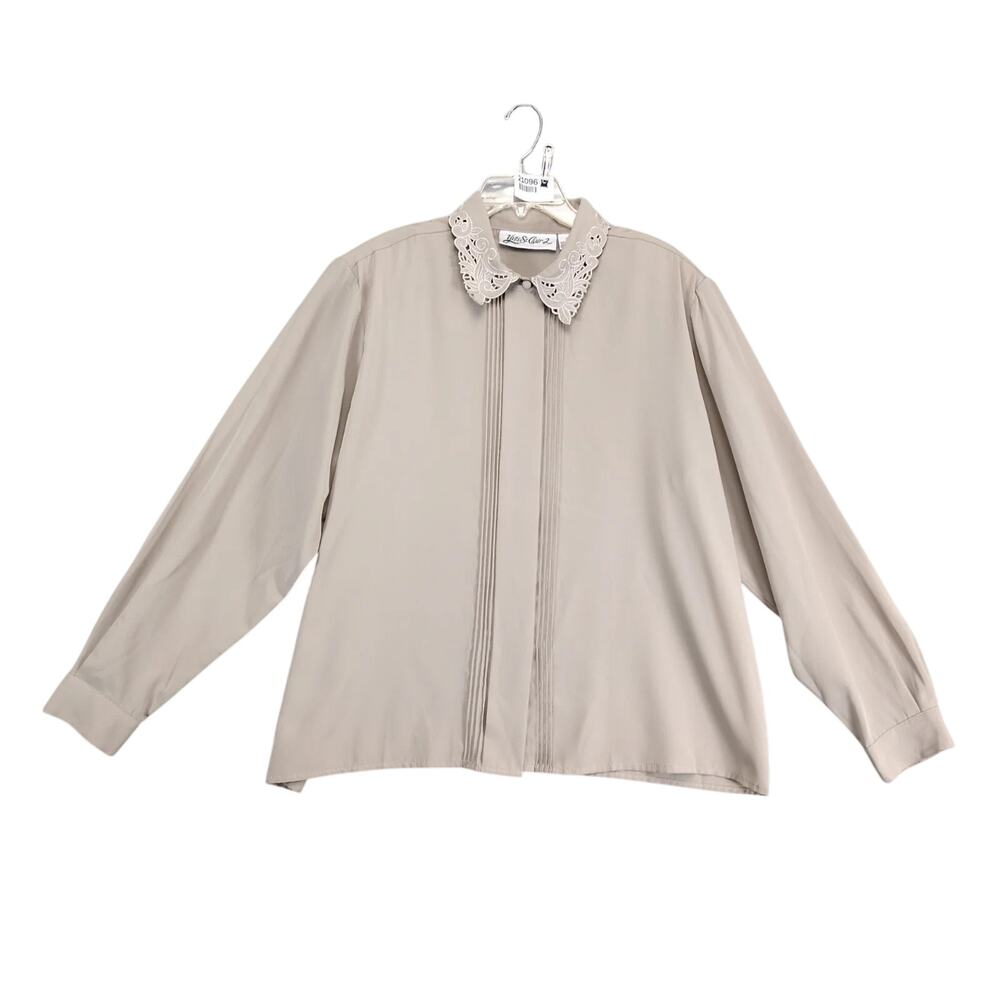 Vtg Yves St Clair Tan Blouse Women's 20W Embroidered Lace Collar Vertical Pleats